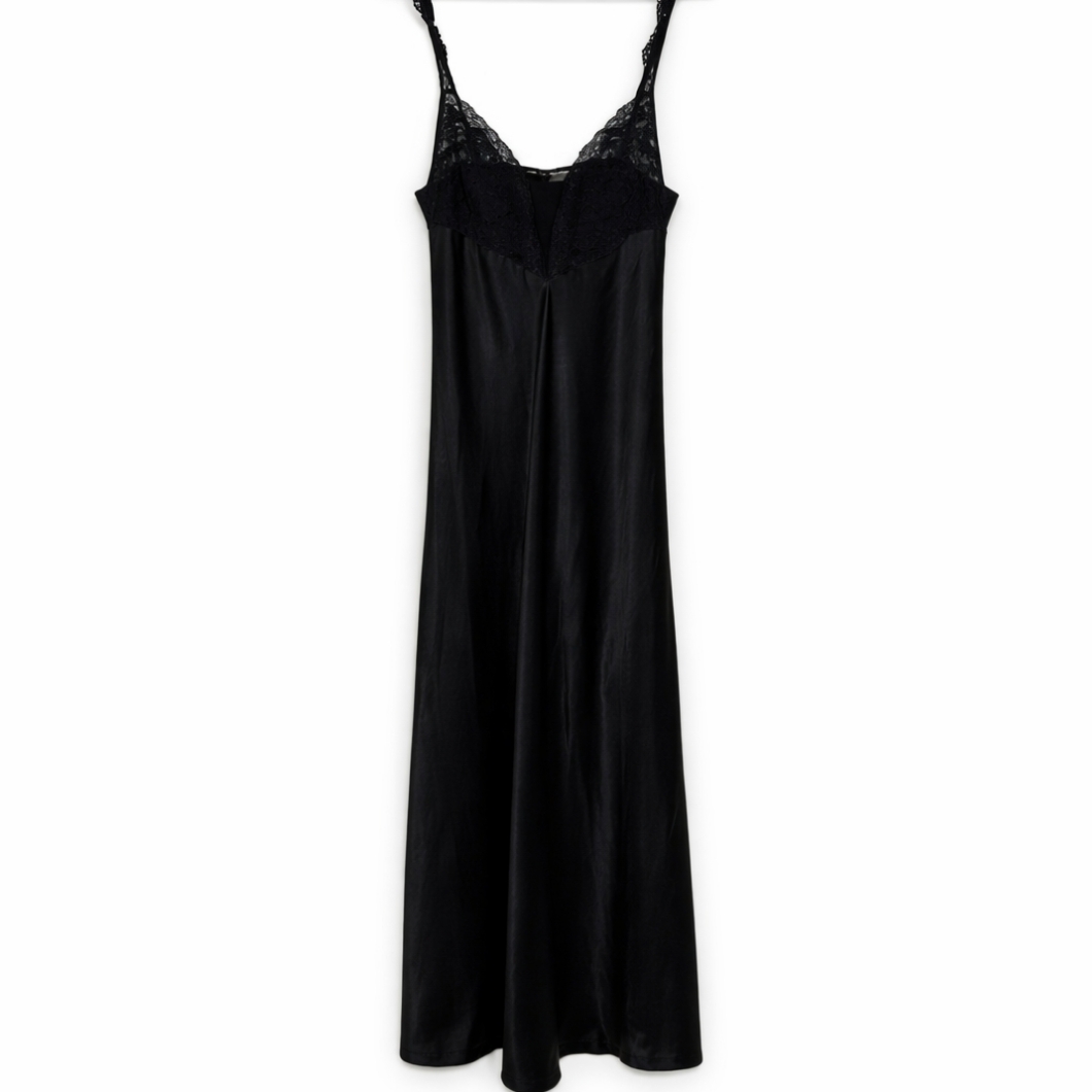 Vintage 90's Victoria's Secret Gold Label Satin Lace Bodice Slip Dress Black L